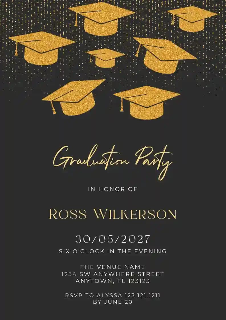 Gold glitter graduation hat - Graduation Party Invitations with RSVP