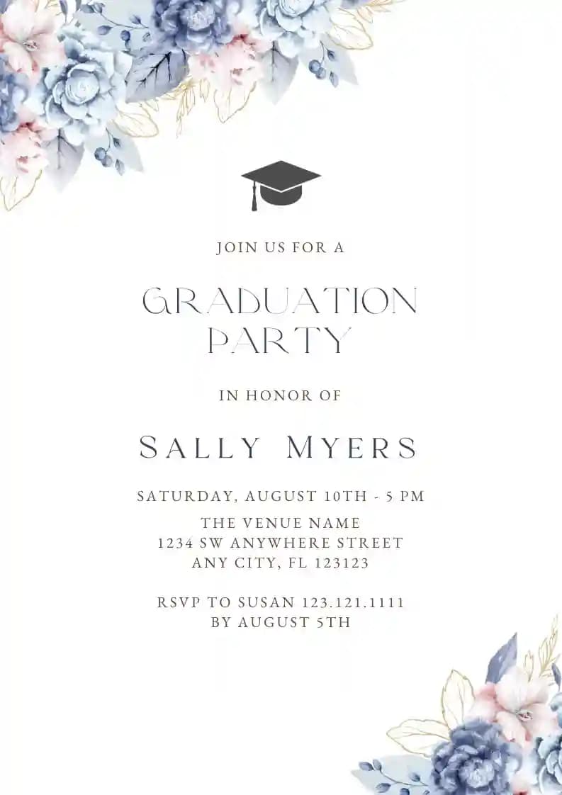 Blue gold floral - Graduation Party Invitations with RSVP