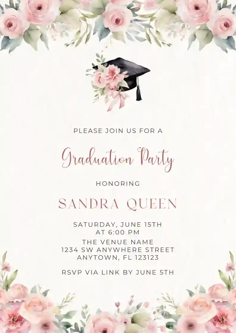 Floral graduation cap - Graduation Party Invitations with RSVP