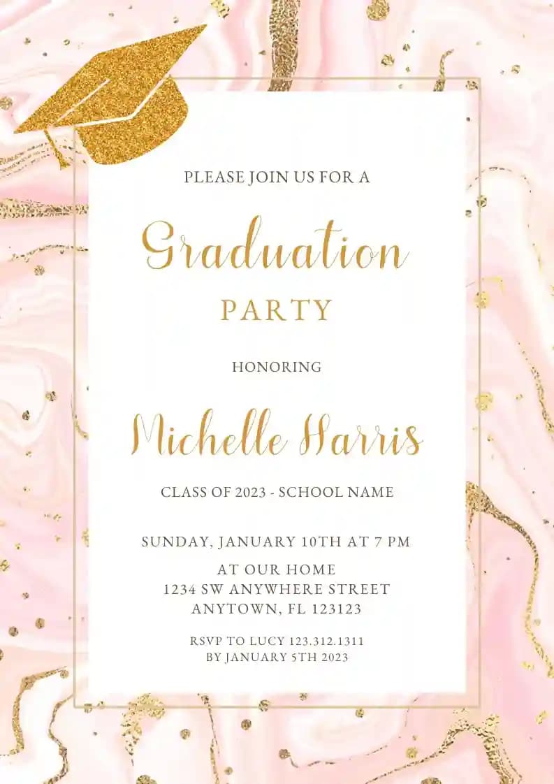 Pink marble glitter hat - Graduation Party Invitations with RSVP
